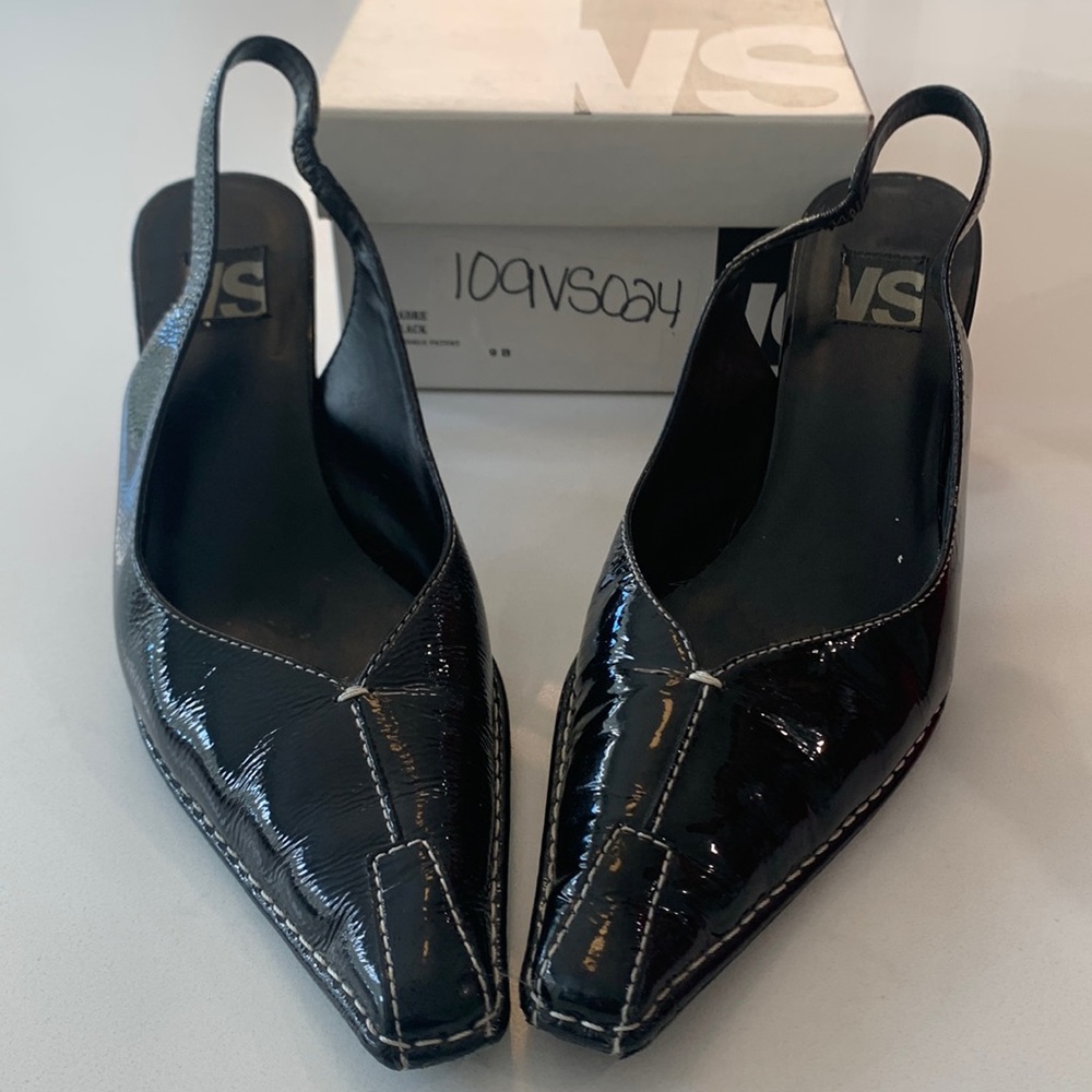 Black, parent leather sling-back heels brand VS